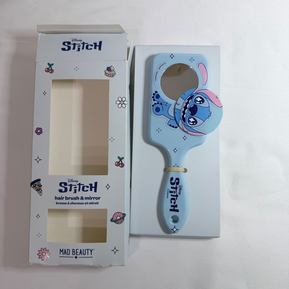 Disney Stitch Hair Brush and Mirror Set Mad Beauty Blue Paddle Brush New